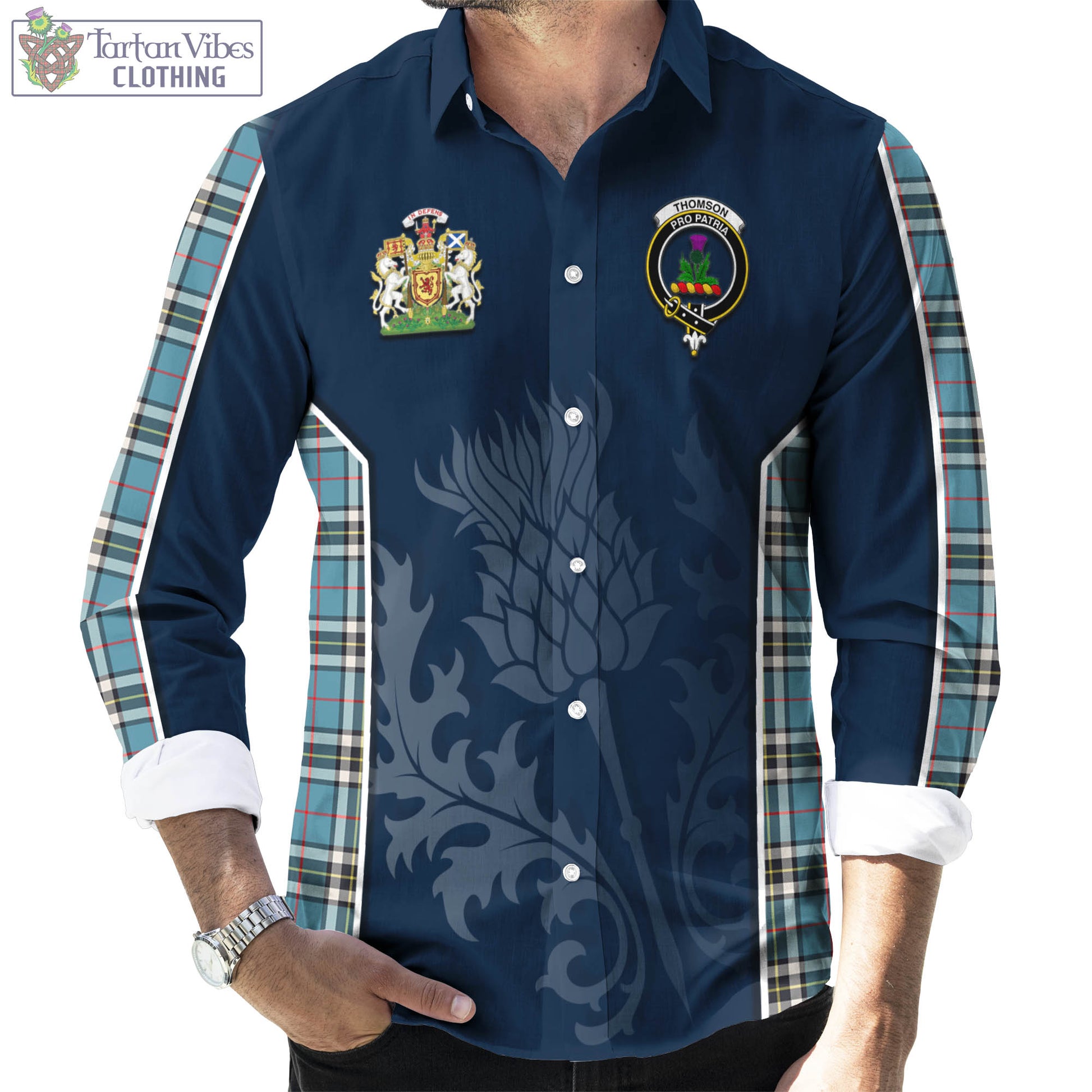 Tartan Vibes Clothing Thomson Tartan Long Sleeve Button Up Shirt with Family Crest and Scottish Thistle Vibes Sport Style