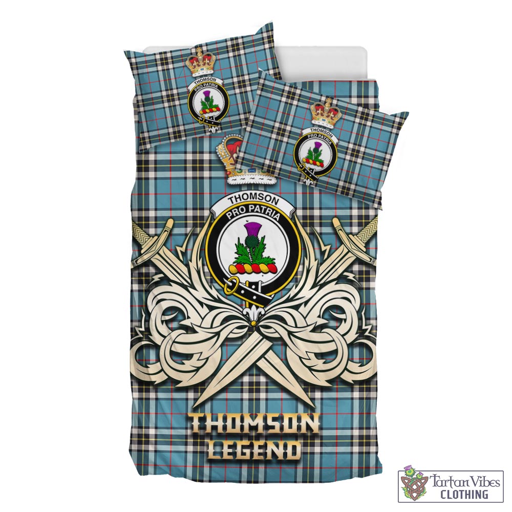 Tartan Vibes Clothing Thomson Tartan Bedding Set with Clan Crest and the Golden Sword of Courageous Legacy