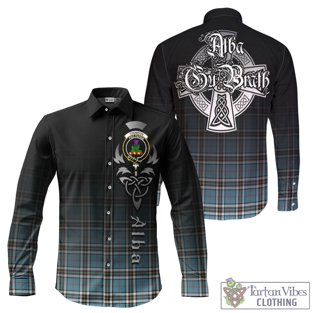 Thompson (Thomson) Tartan Long Sleeve Button Up Featuring Alba Gu Brath Family Crest Celtic Inspired - Tartan Vibes Clothing