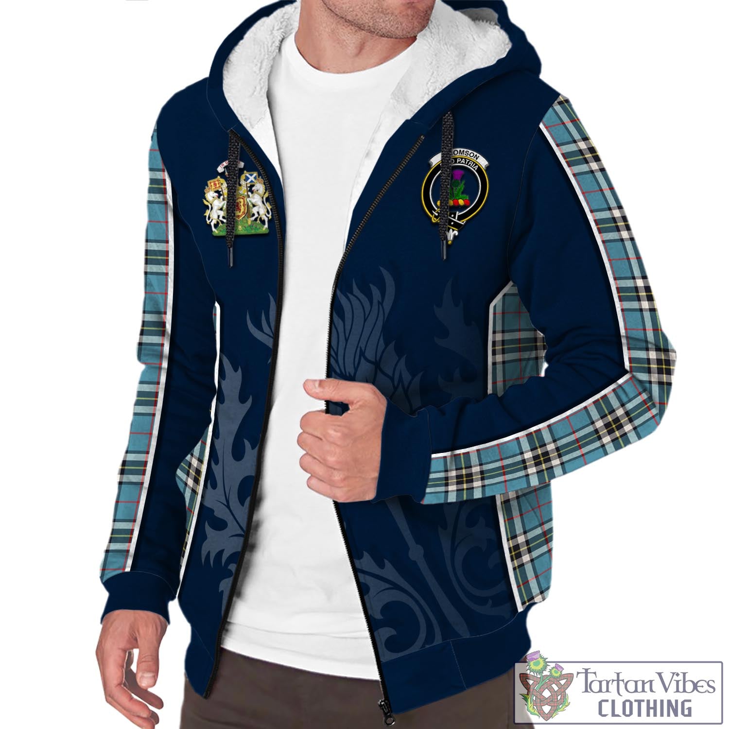 Tartan Vibes Clothing Thomson Tartan Sherpa Hoodie with Family Crest and Scottish Thistle Vibes Sport Style