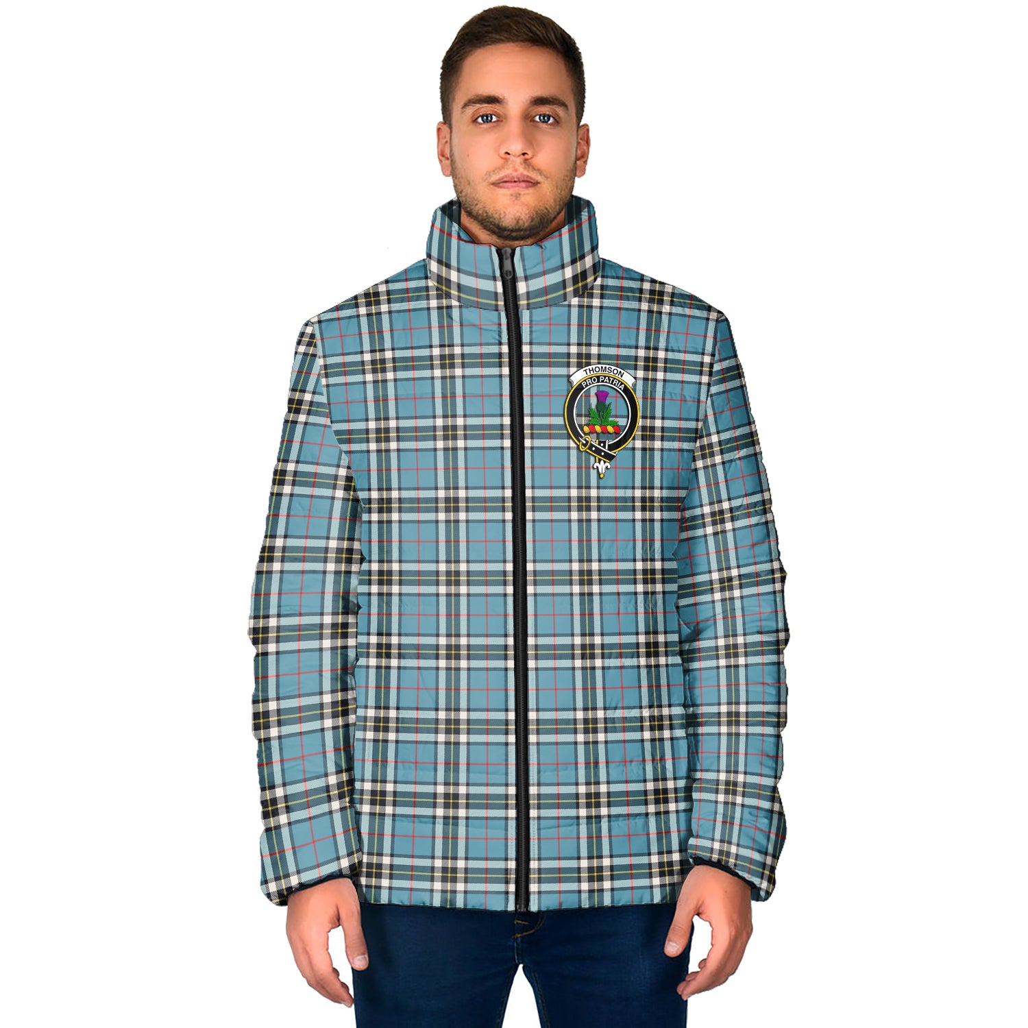 Thompson (Thomson) Tartan Padded Jacket with Family Crest - Tartan Vibes Clothing