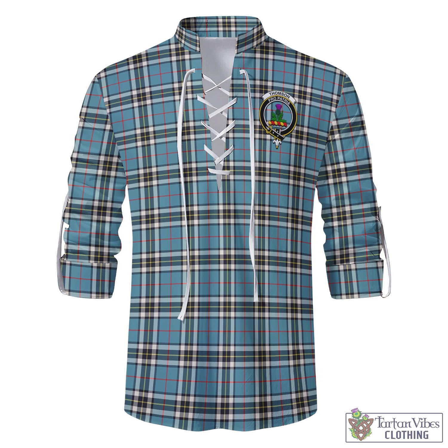 Tartan Vibes Clothing Thomson Tartan Men's Scottish Traditional Jacobite Ghillie Kilt Shirt with Family Crest