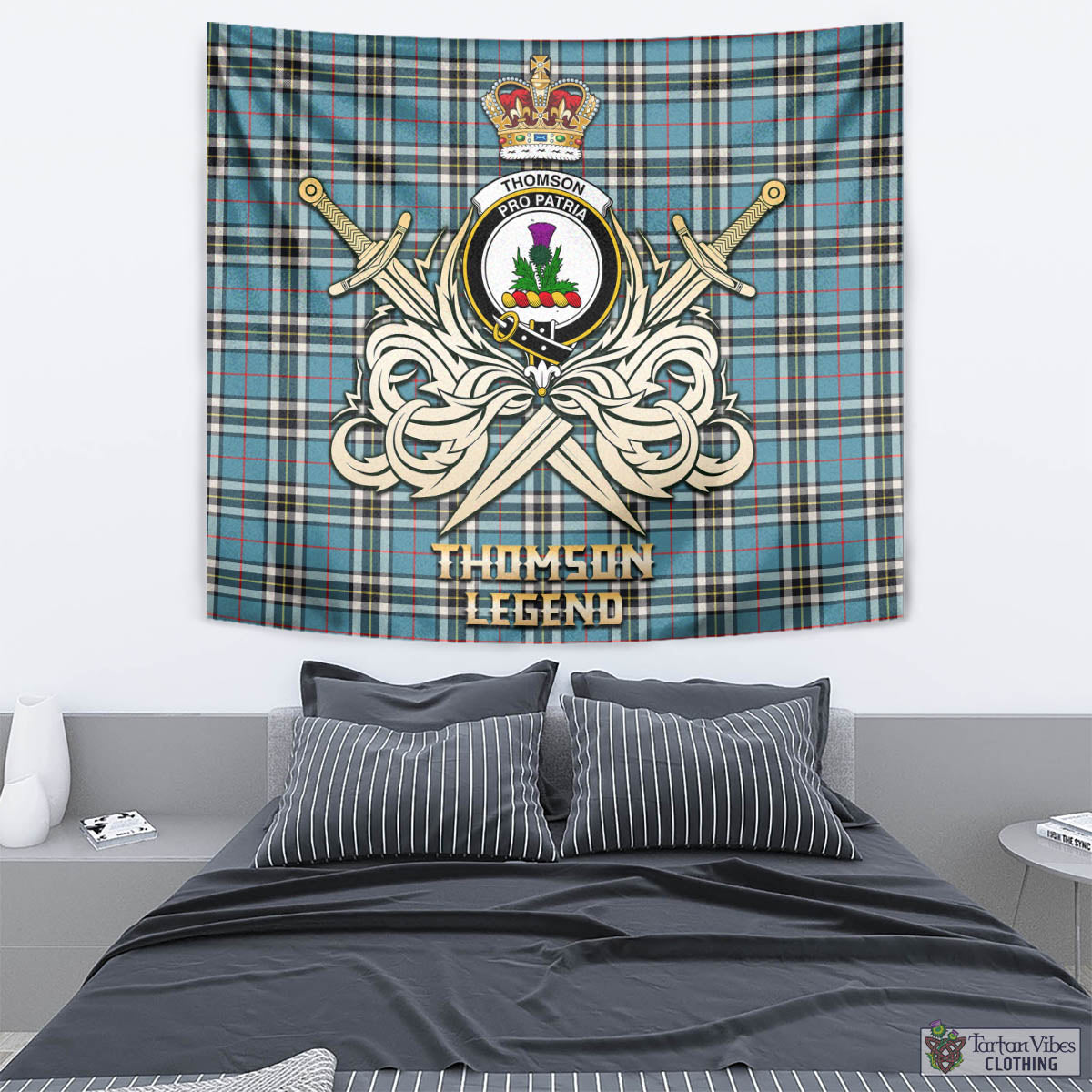 Tartan Vibes Clothing Thomson Tartan Tapestry with Clan Crest and the Golden Sword of Courageous Legacy