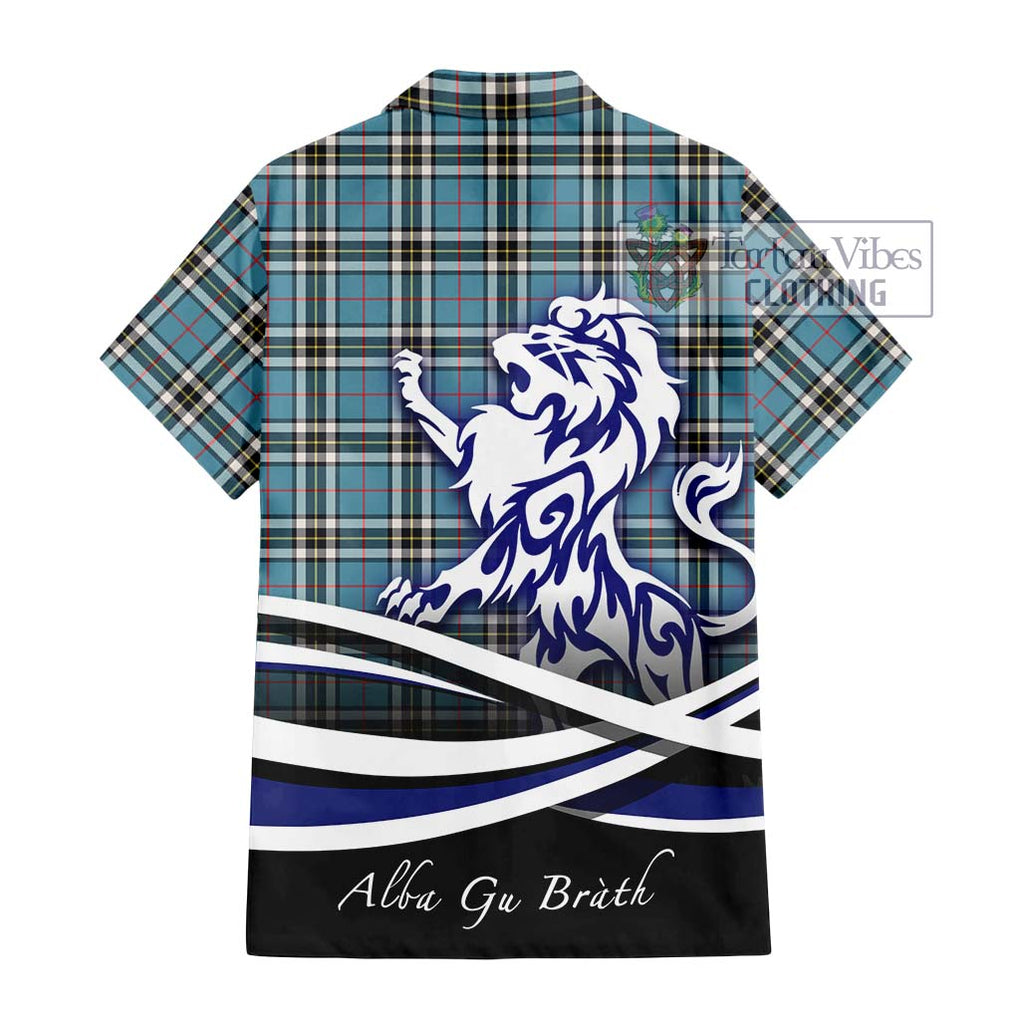 Thompson (Thomson) Tartan Short Sleeve Button Shirt with Alba Gu Brath Regal Lion Emblem - Tartanvibesclothing Shop