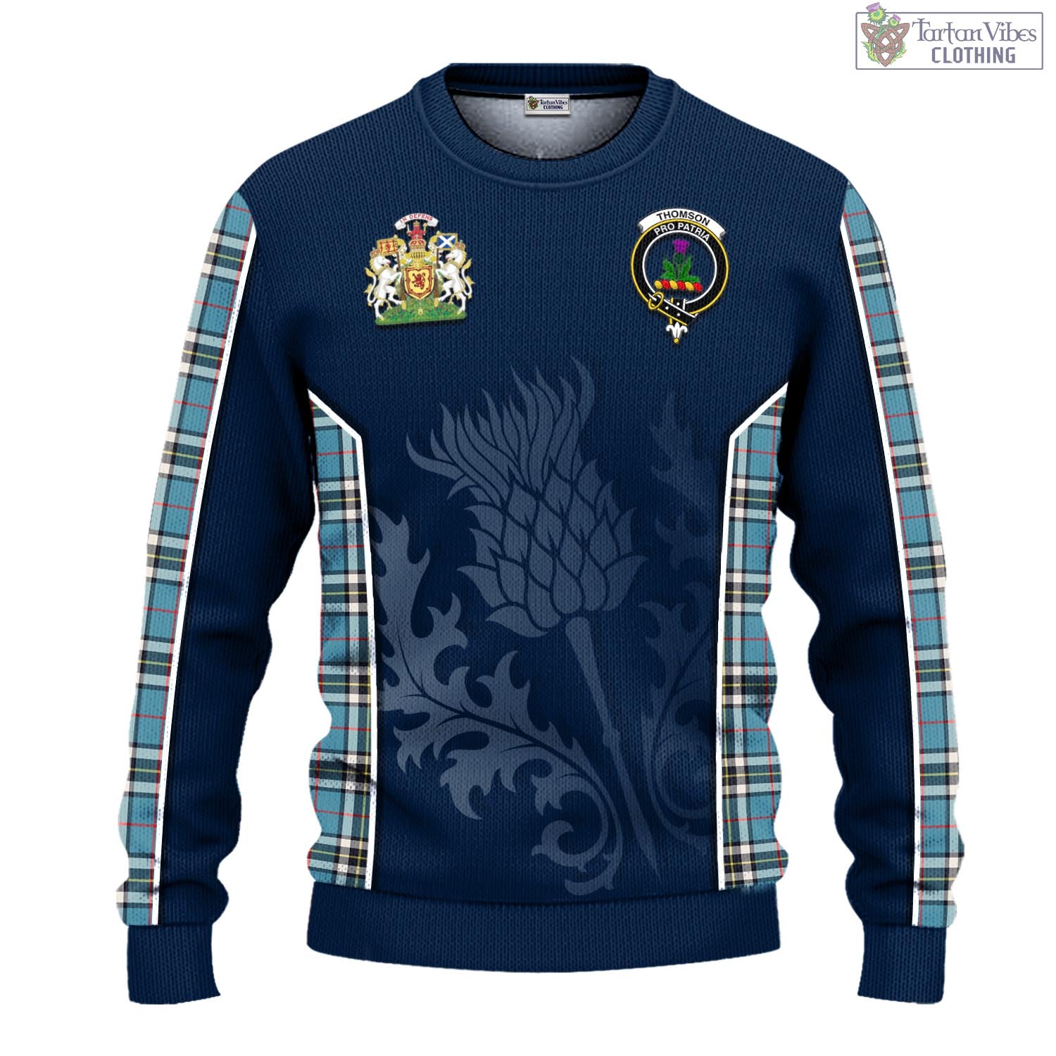 Tartan Vibes Clothing Thomson Tartan Knitted Sweatshirt with Family Crest and Scottish Thistle Vibes Sport Style