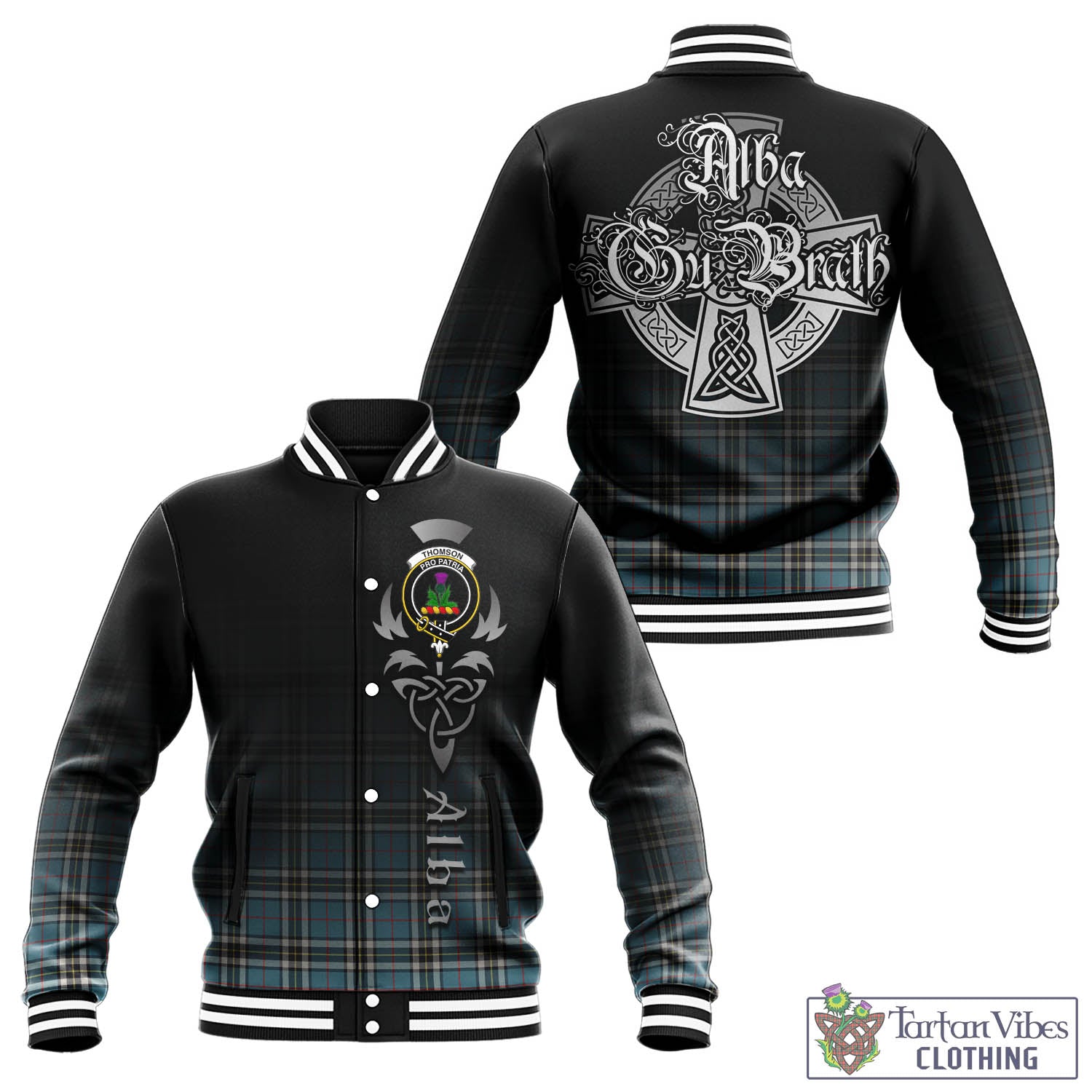 Tartan Vibes Clothing Thomson Tartan Baseball Jacket Featuring Alba Gu Brath Family Crest Celtic Inspired