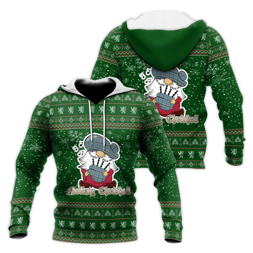 Thomson Clan Christmas Knitted Hoodie with Funny Gnome Playing Bagpipes Green - Tartanvibesclothing