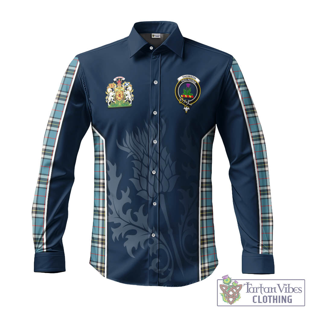 Tartan Vibes Clothing Thomson Tartan Long Sleeve Button Up Shirt with Family Crest and Scottish Thistle Vibes Sport Style