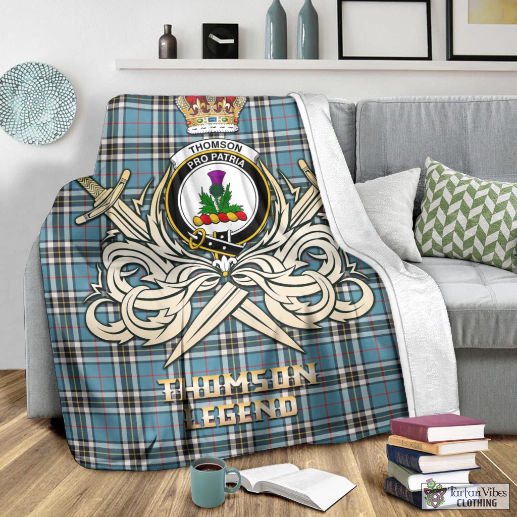 Tartan Vibes Clothing Thomson Tartan Blanket with Clan Crest and the Golden Sword of Courageous Legacy