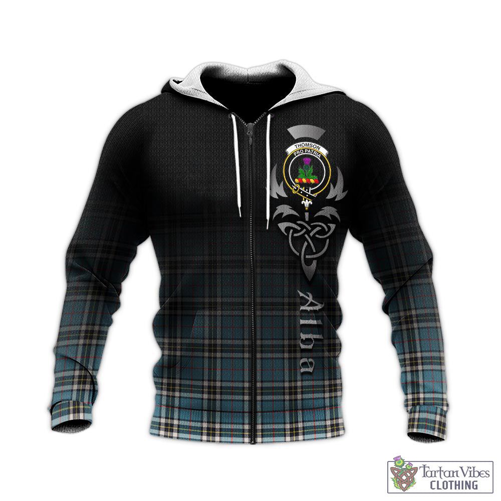 Tartan Vibes Clothing Thomson Tartan Knitted Hoodie Featuring Alba Gu Brath Family Crest Celtic Inspired