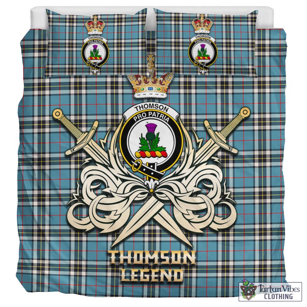 Tartan Vibes Clothing Thomson Tartan Bedding Set with Clan Crest and the Golden Sword of Courageous Legacy