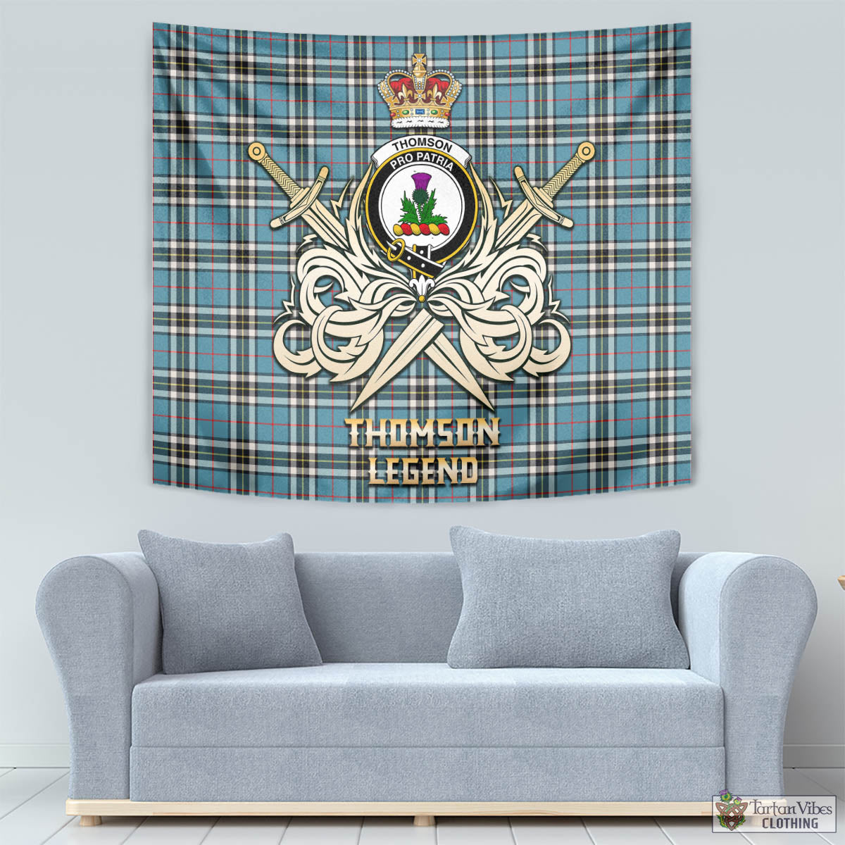 Tartan Vibes Clothing Thomson Tartan Tapestry with Clan Crest and the Golden Sword of Courageous Legacy