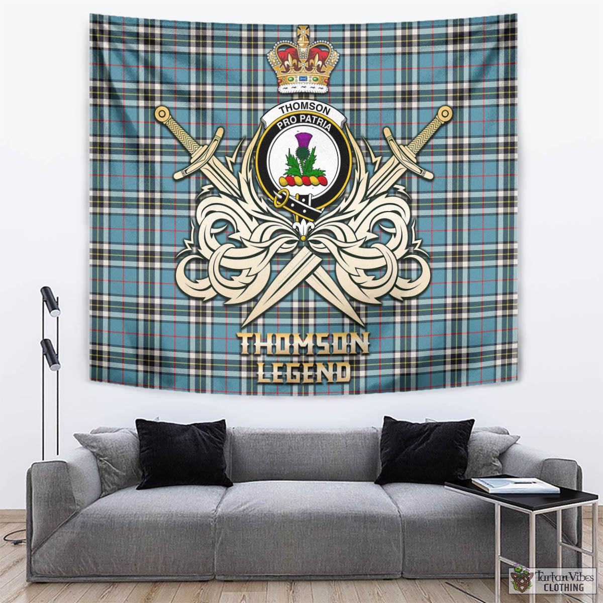 Tartan Vibes Clothing Thomson Tartan Tapestry with Clan Crest and the Golden Sword of Courageous Legacy