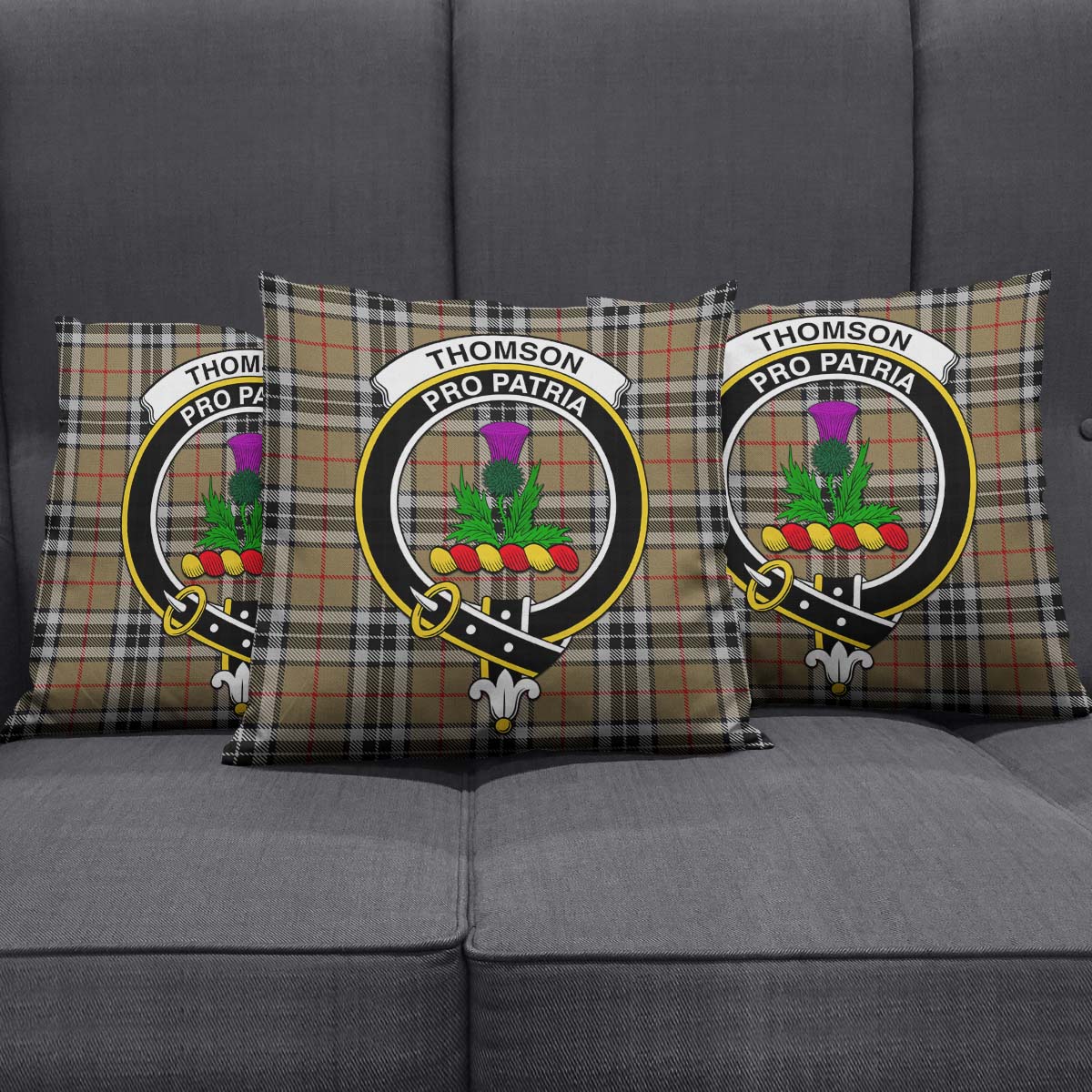 Thomson Camel Tartan Pillow Cover with Family Crest Square Pillow Cover - Tartanvibesclothing