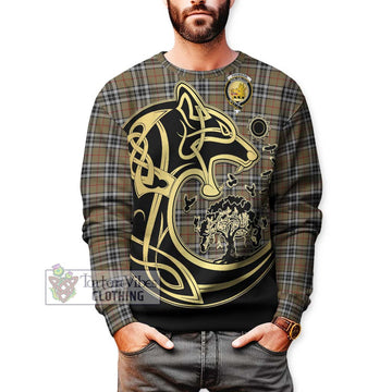 Thomson Camel Tartan Sweatshirt with Family Crest Celtic Wolf Style