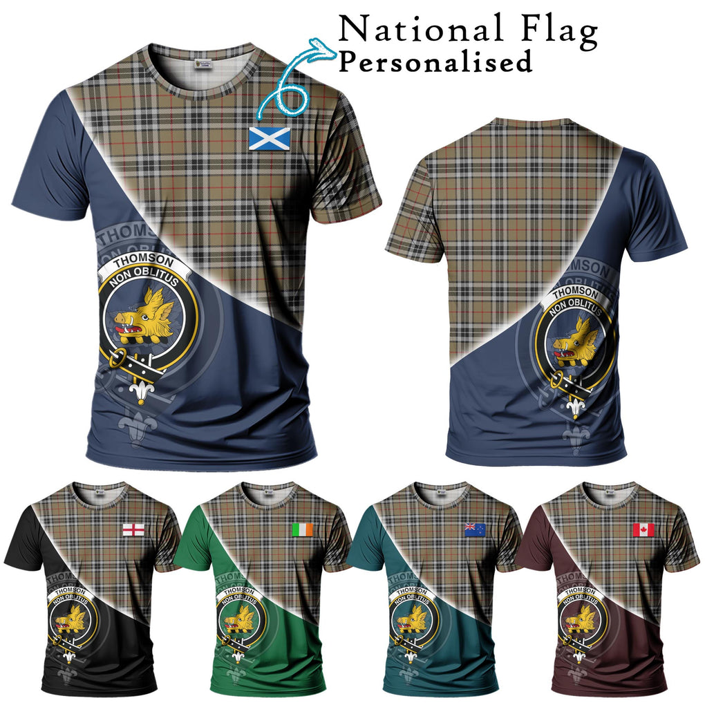 Thomson Camel Tartan T-Shirt with Personalised National Flag and Family Crest Half Style Kid's Shirt - Tartanvibesclothing Shop