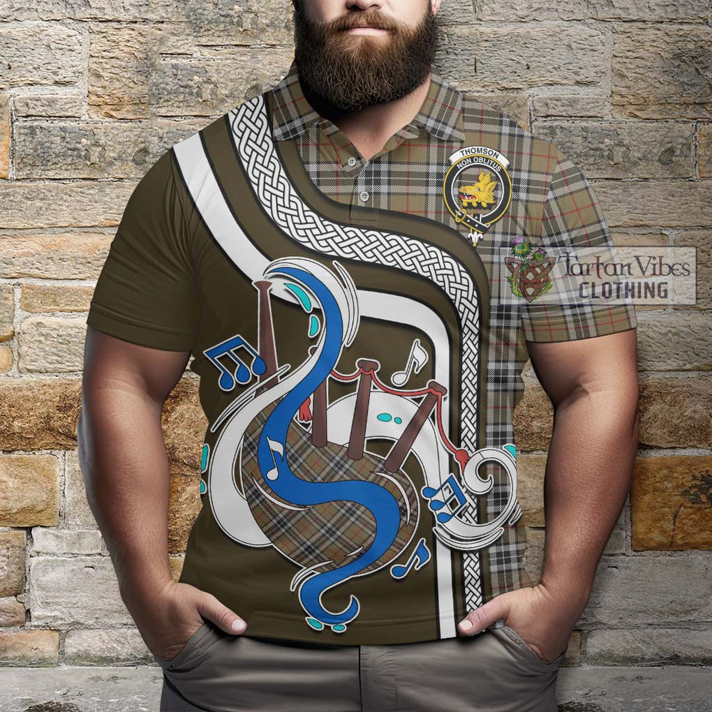 Tartan Vibes Clothing Thomson Camel Tartan Polo Shirt with Epic Bagpipe Style