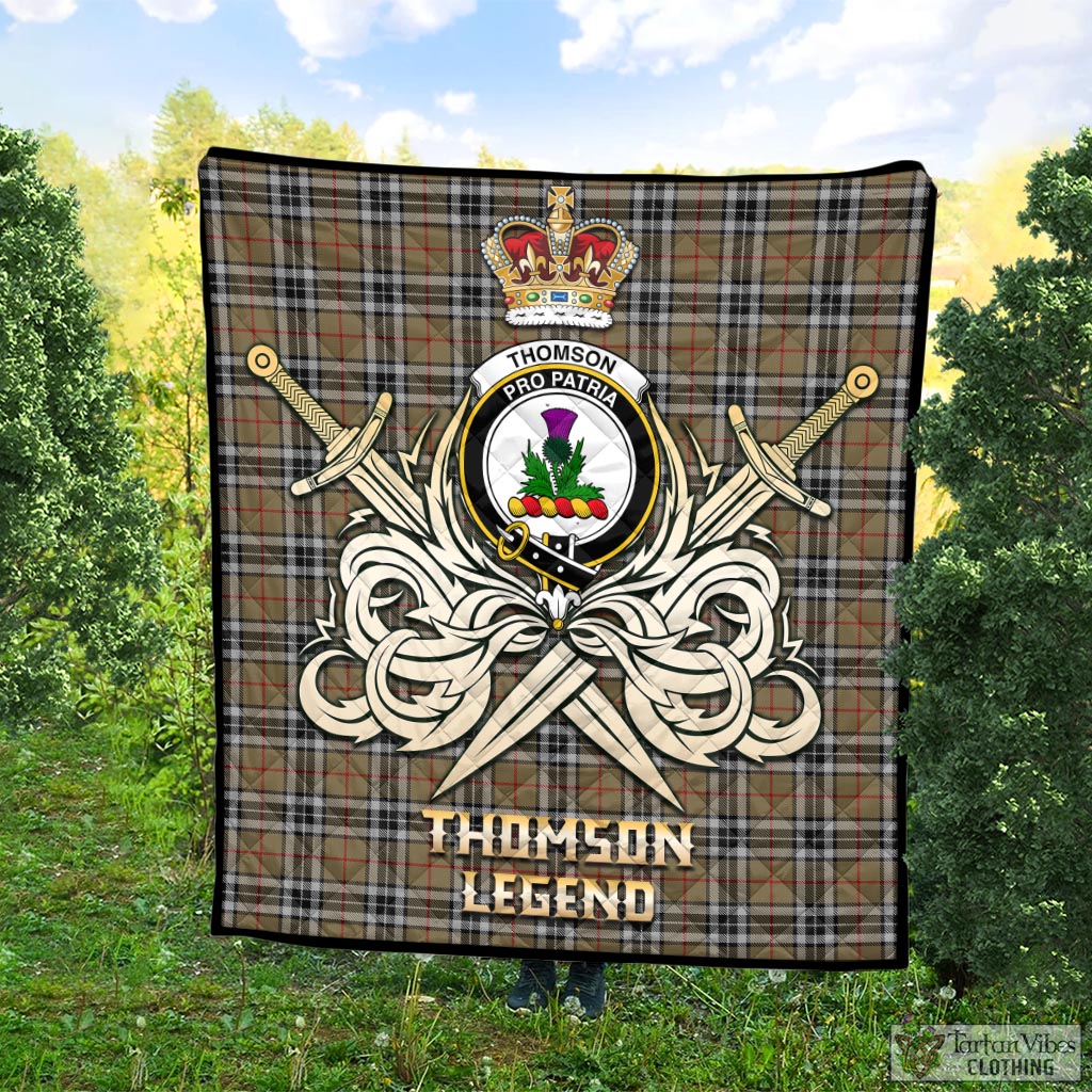 Tartan Vibes Clothing Thomson Camel Tartan Quilt with Clan Crest and the Golden Sword of Courageous Legacy