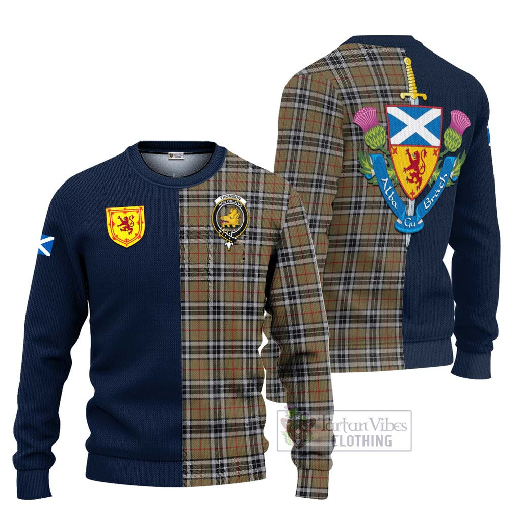 Tartan Vibes Clothing Thomson Camel Tartan Knitted Sweater with Scottish Lion Royal Arm Half Style