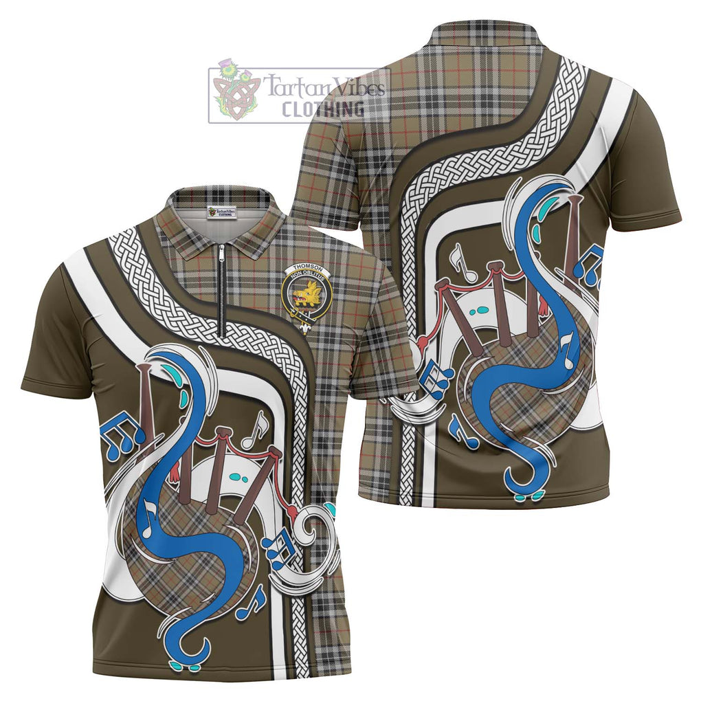 Thomson Camel Tartan Zipper Polo Shirt with Epic Bagpipe Style Unisex - Tartanvibesclothing Shop