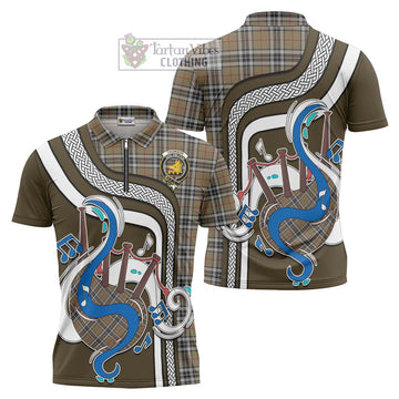 Thomson Camel Tartan Zipper Polo Shirt with Epic Bagpipe Style