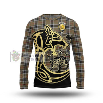 Thomson Camel Tartan Long Sleeve T-Shirt with Family Crest Celtic Wolf Style