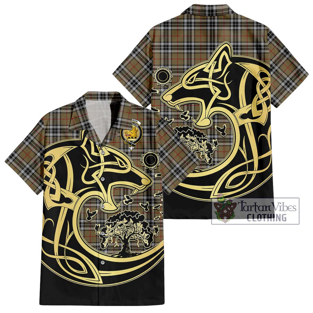 Thomson Camel Tartan Short Sleeve Button Shirt with Family Crest Celtic Wolf Style Kid - Tartan Vibes Clothing