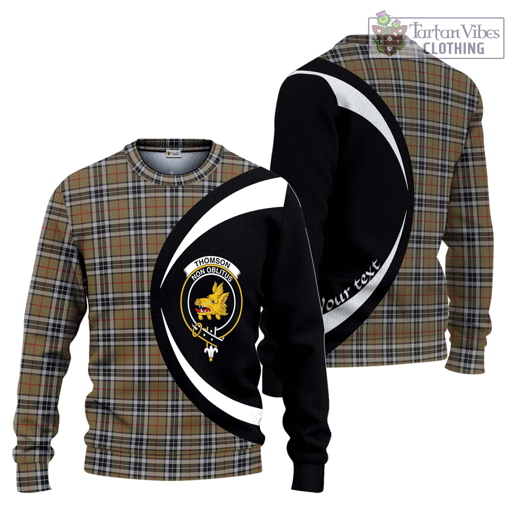 Thomson Camel Tartan Knitted Sweater with Family Crest Circle Style Unisex - Tartan Vibes Clothing