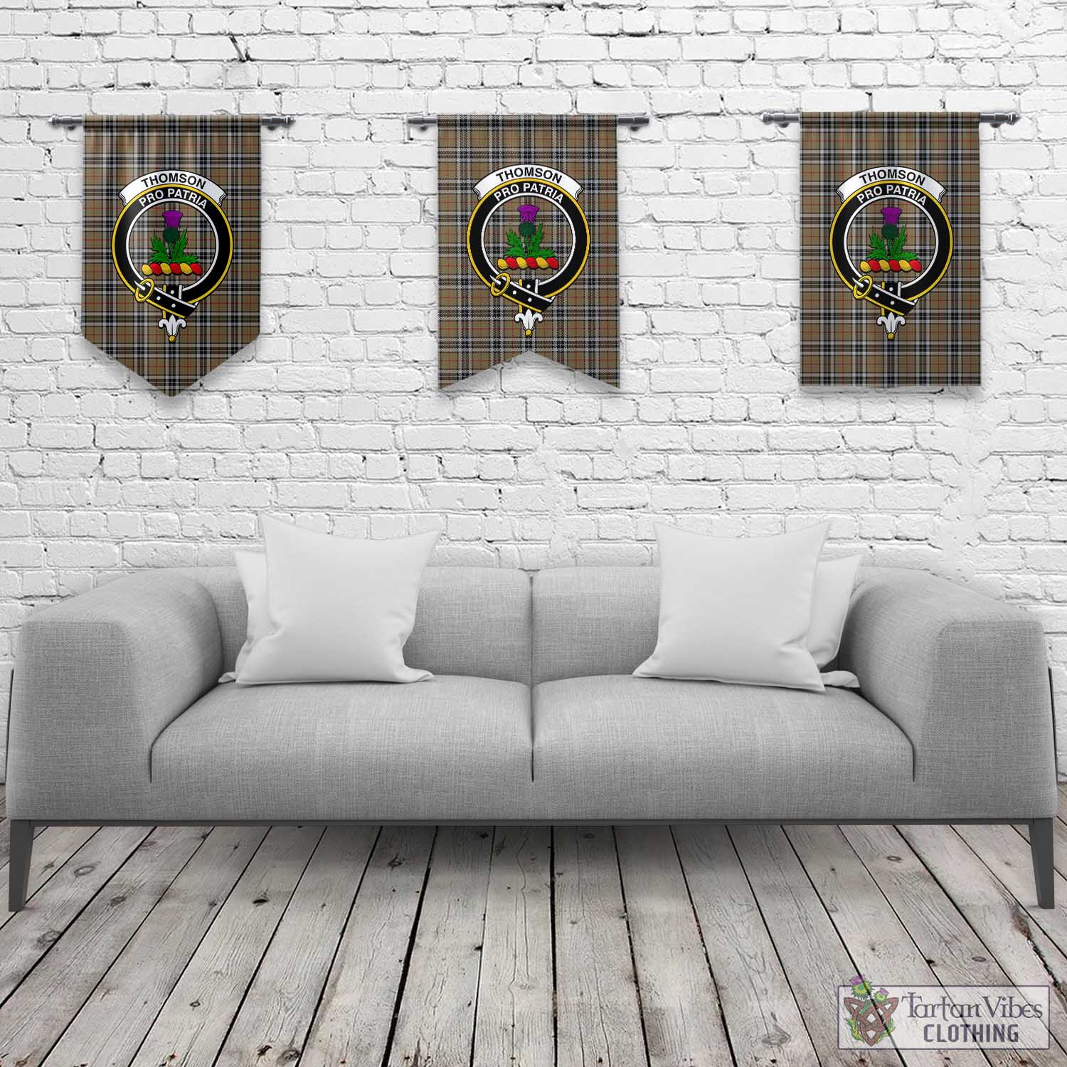 Tartan Vibes Clothing Thomson Camel Tartan Gonfalon, Tartan Banner with Family Crest