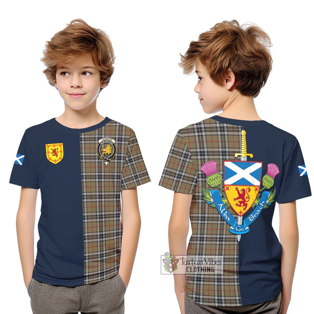 Tartan Vibes Clothing Thomson Camel Tartan Kid T-Shirt with Scottish Lion Royal Arm Half Style