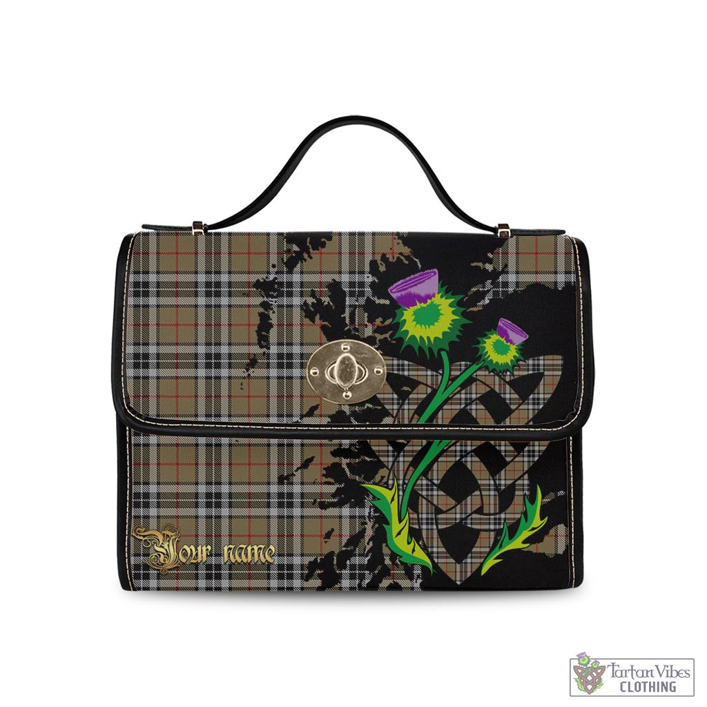 Tartan Vibes Clothing Thomson Camel Tartan Waterproof Canvas Bag with Scotland Map and Thistle Celtic Accents