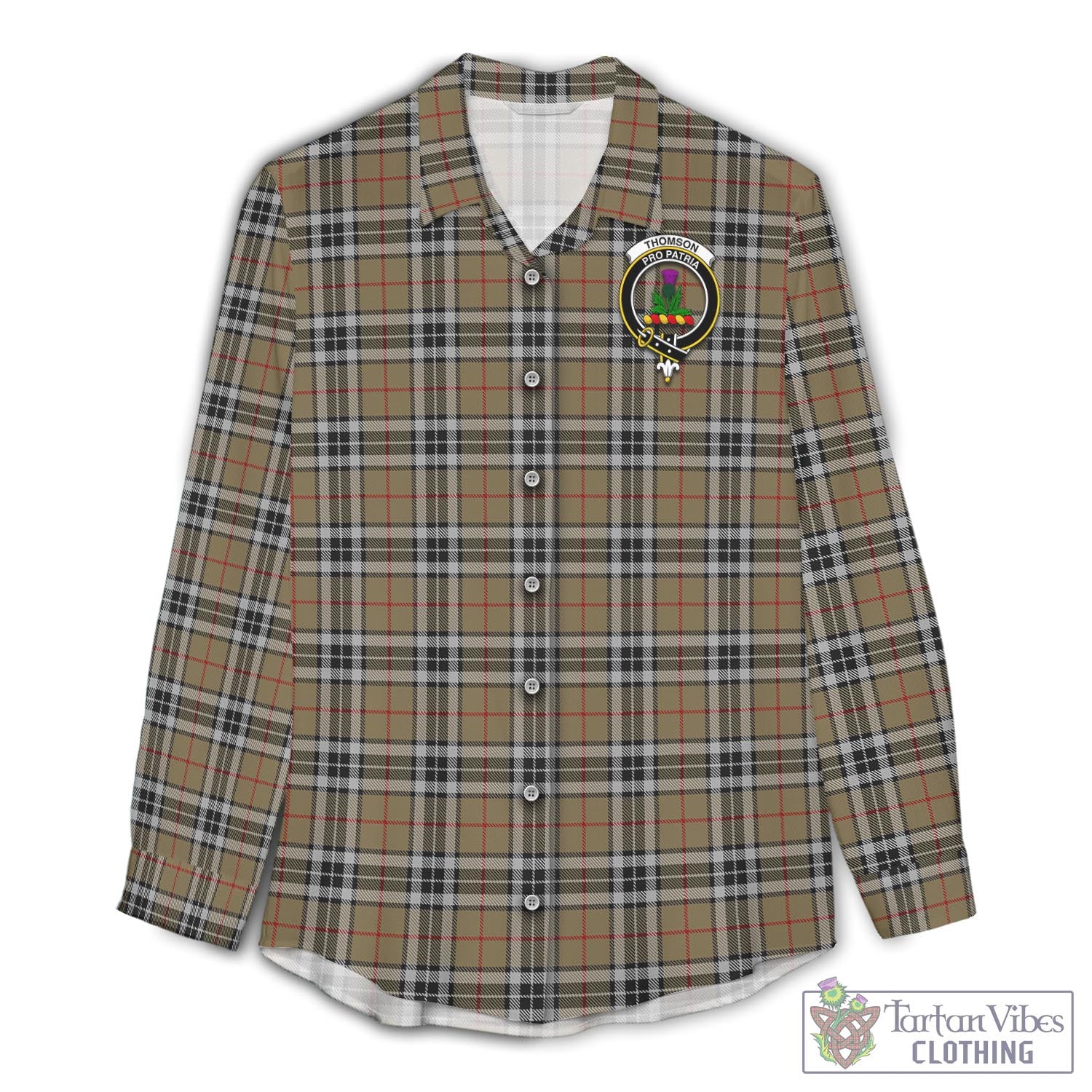 Tartan Vibes Clothing Thomson Camel Tartan Womens Casual Shirt with Family Crest