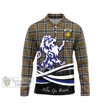 Thomson Camel Tartan Long Sleeve Polo Shirt with Alba Gu Brath Regal Lion Emblem