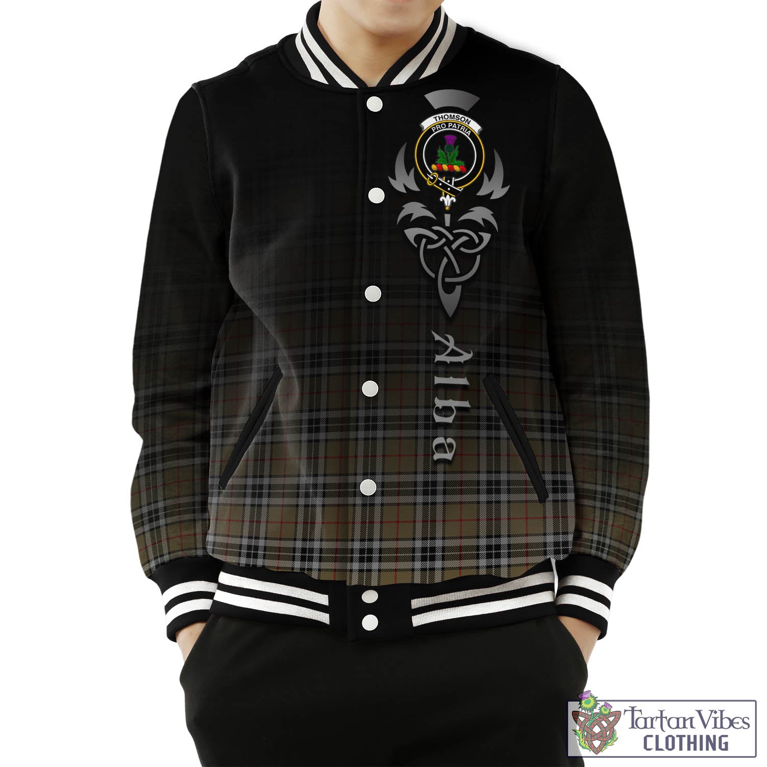 Tartan Vibes Clothing Thomson Camel Tartan Baseball Jacket Featuring Alba Gu Brath Family Crest Celtic Inspired