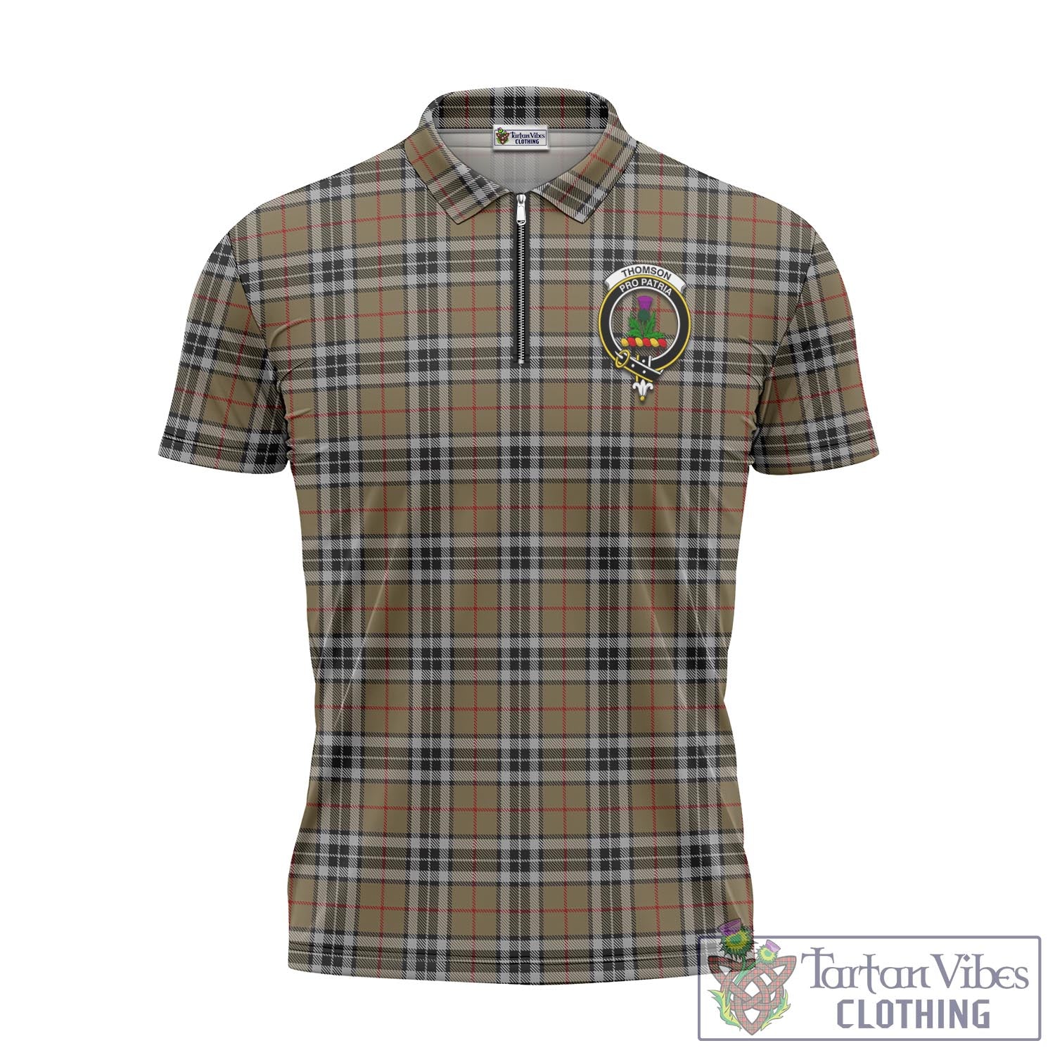 Tartan Vibes Clothing Thomson Camel Tartan Zipper Polo Shirt with Family Crest