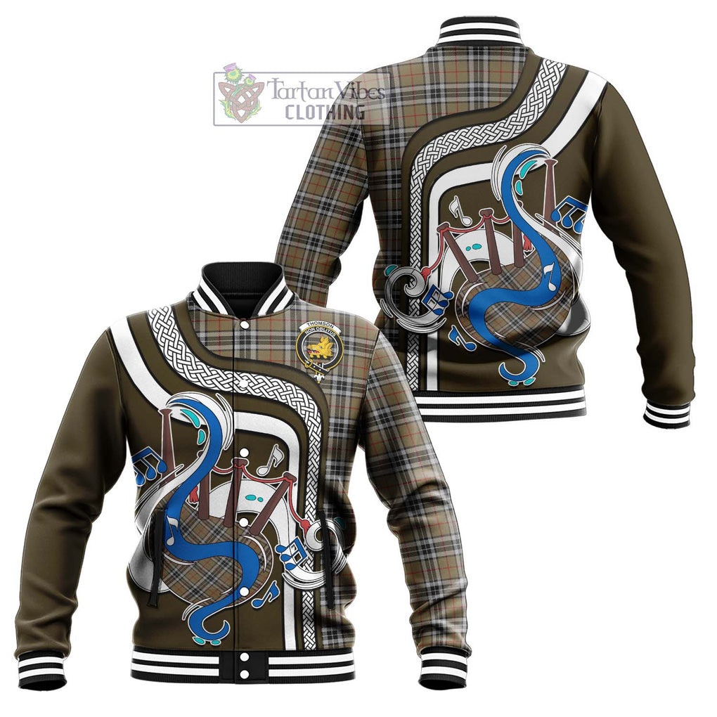 Tartan Vibes Clothing Thomson Camel Tartan Baseball Jacket with Epic Bagpipe Style