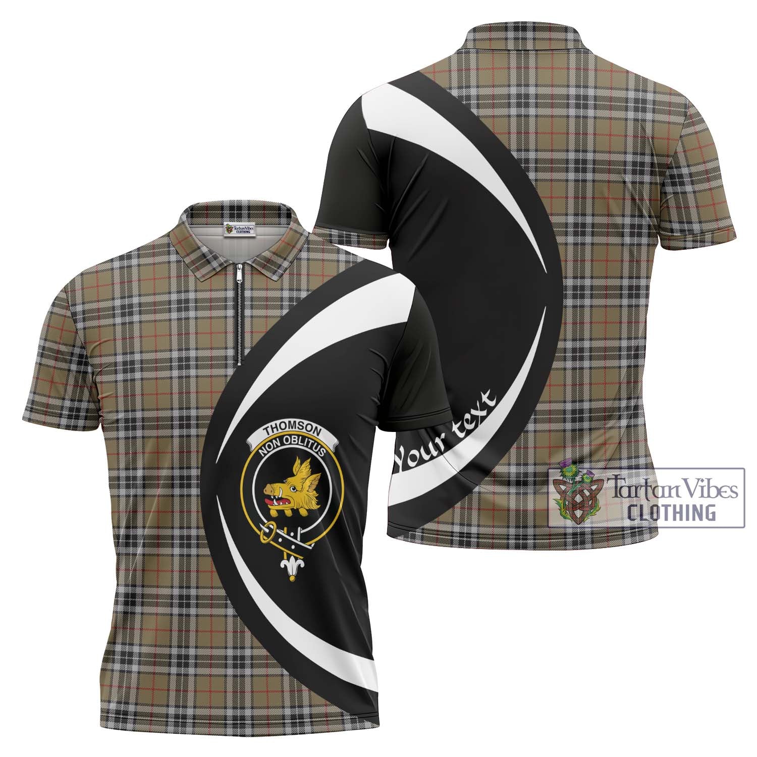 Thomson Camel Tartan Zipper Polo Shirt with Family Crest Circle Style Unisex - Tartan Vibes Clothing