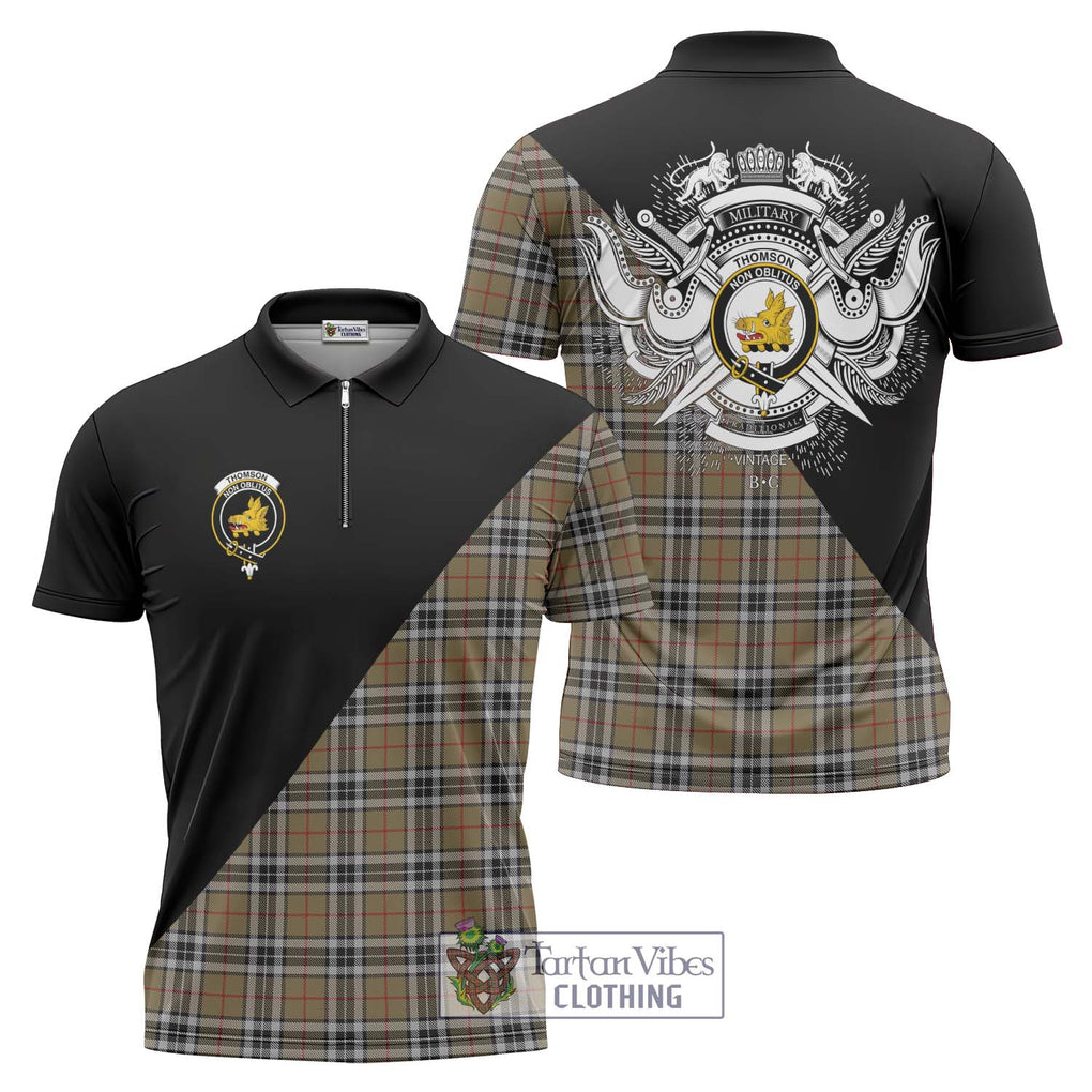 Thomson Camel Tartan Zipper Polo Shirt with Family Crest and Military Logo Style Unisex - Tartanvibesclothing Shop