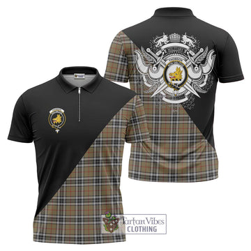 Thomson Camel Tartan Zipper Polo Shirt with Family Crest and Military Logo Style