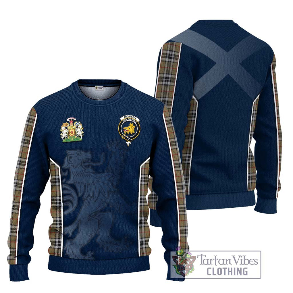 Thomson Camel Tartan Knitted Sweater with Family Crest and Lion Rampant Vibes Sport Style Unisex - Tartan Vibes Clothing