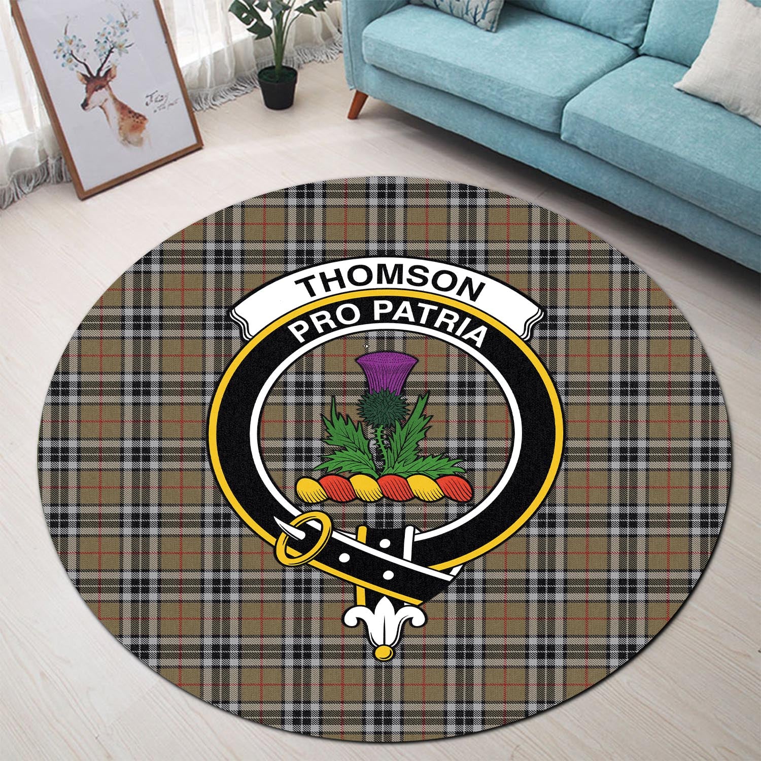 thomson-camel-tartan-round-rug-with-family-crest