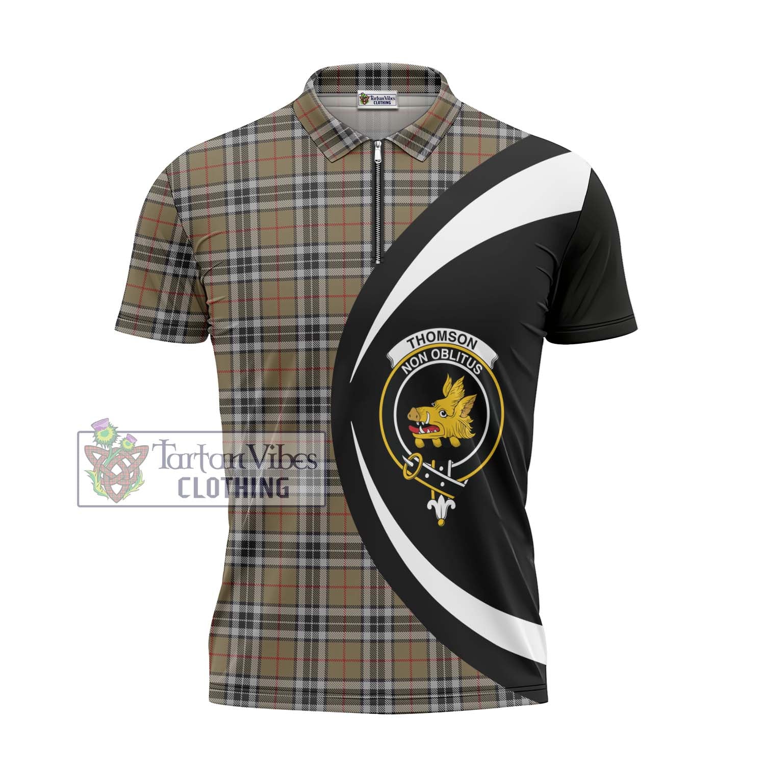 Thomson Camel Tartan Zipper Polo Shirt with Family Crest Circle Style - Tartan Vibes Clothing