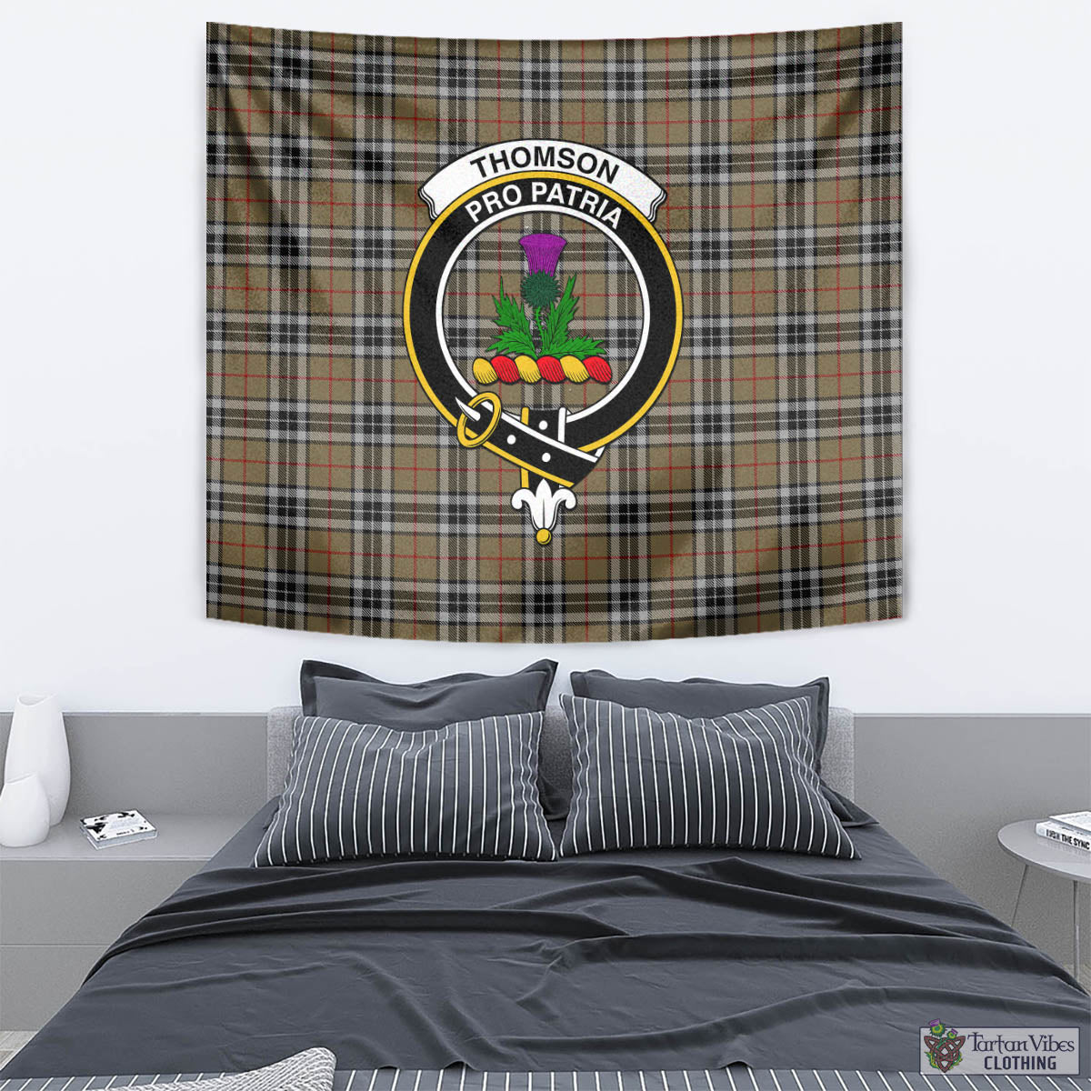 Tartan Vibes Clothing Thomson Camel Tartan Tapestry Wall Hanging and Home Decor for Room with Family Crest