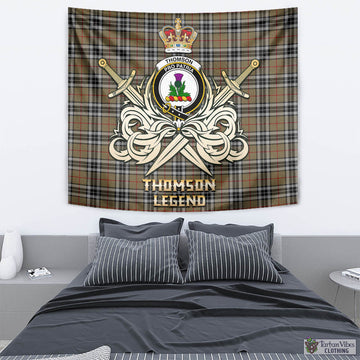 Thomson Camel Tartan Tapestry with Clan Crest and the Golden Sword of Courageous Legacy