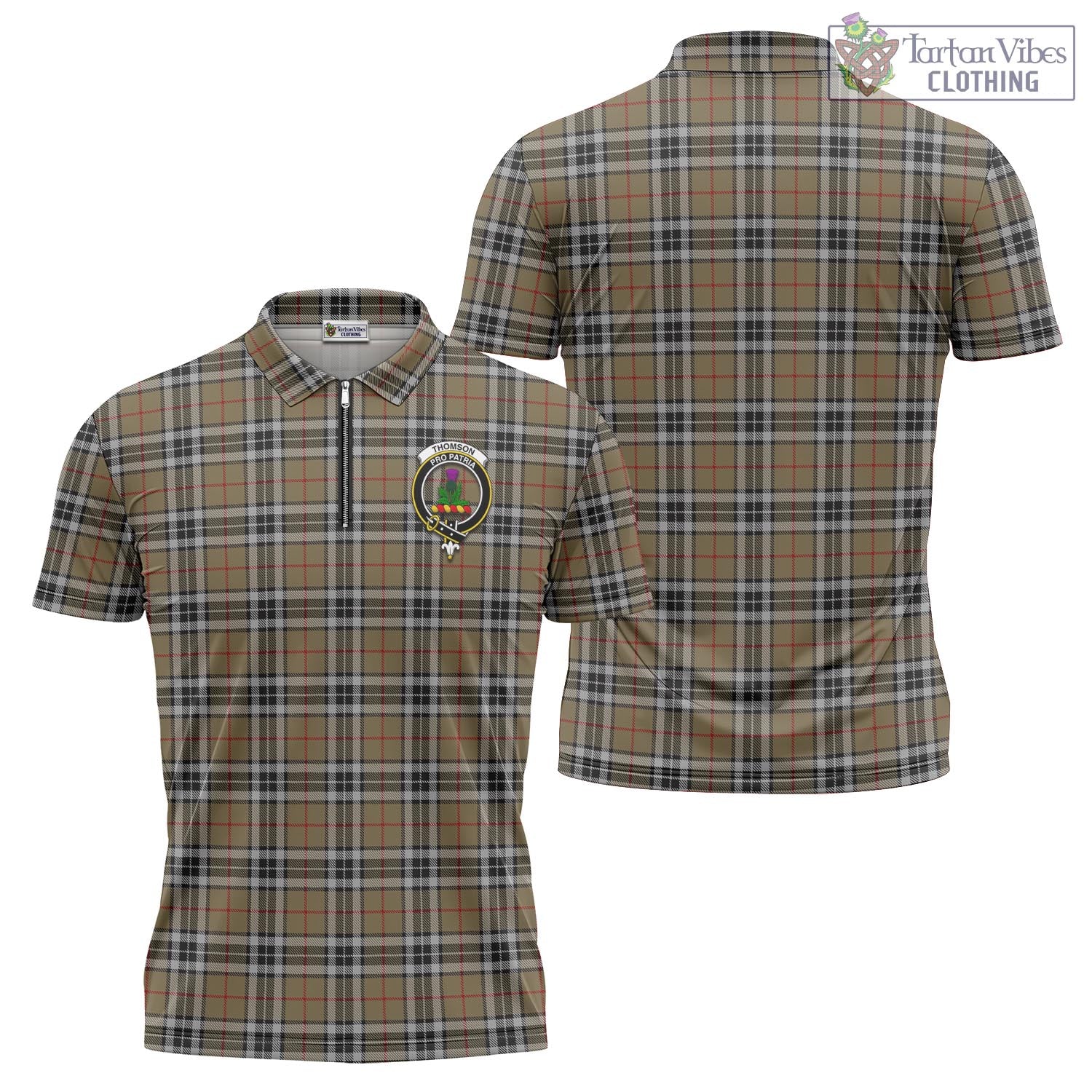 Tartan Vibes Clothing Thomson Camel Tartan Zipper Polo Shirt with Family Crest