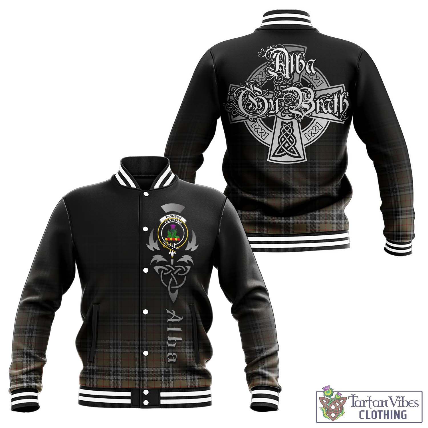 Tartan Vibes Clothing Thomson Camel Tartan Baseball Jacket Featuring Alba Gu Brath Family Crest Celtic Inspired