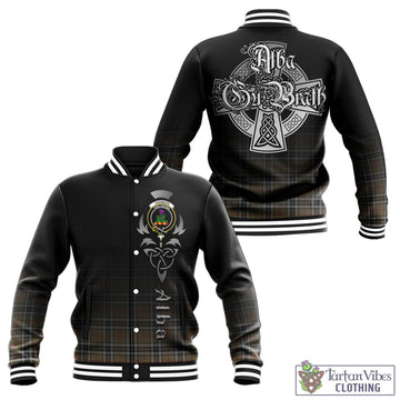 Thomson Camel Tartan Baseball Jacket Featuring Alba Gu Brath Family Crest Celtic Inspired