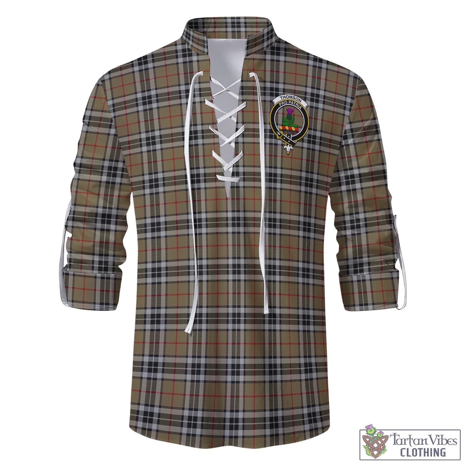 Tartan Vibes Clothing Thomson Camel Tartan Men's Scottish Traditional Jacobite Ghillie Kilt Shirt with Family Crest