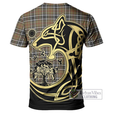 Thomson Camel Tartan T-Shirt with Family Crest Celtic Wolf Style