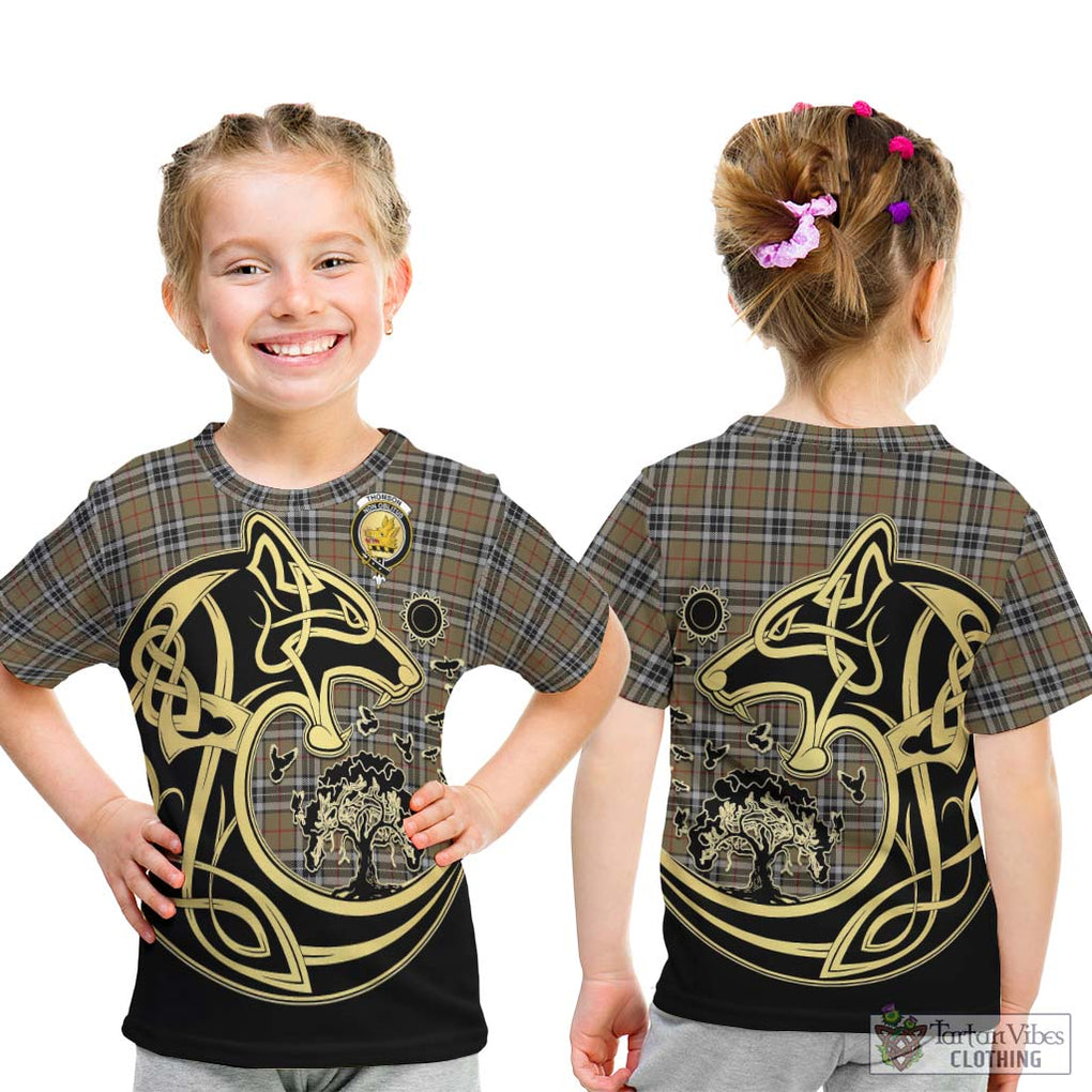 Thomson Camel Tartan Kid T-Shirt with Family Crest Celtic Wolf Style - Tartan Vibes Clothing